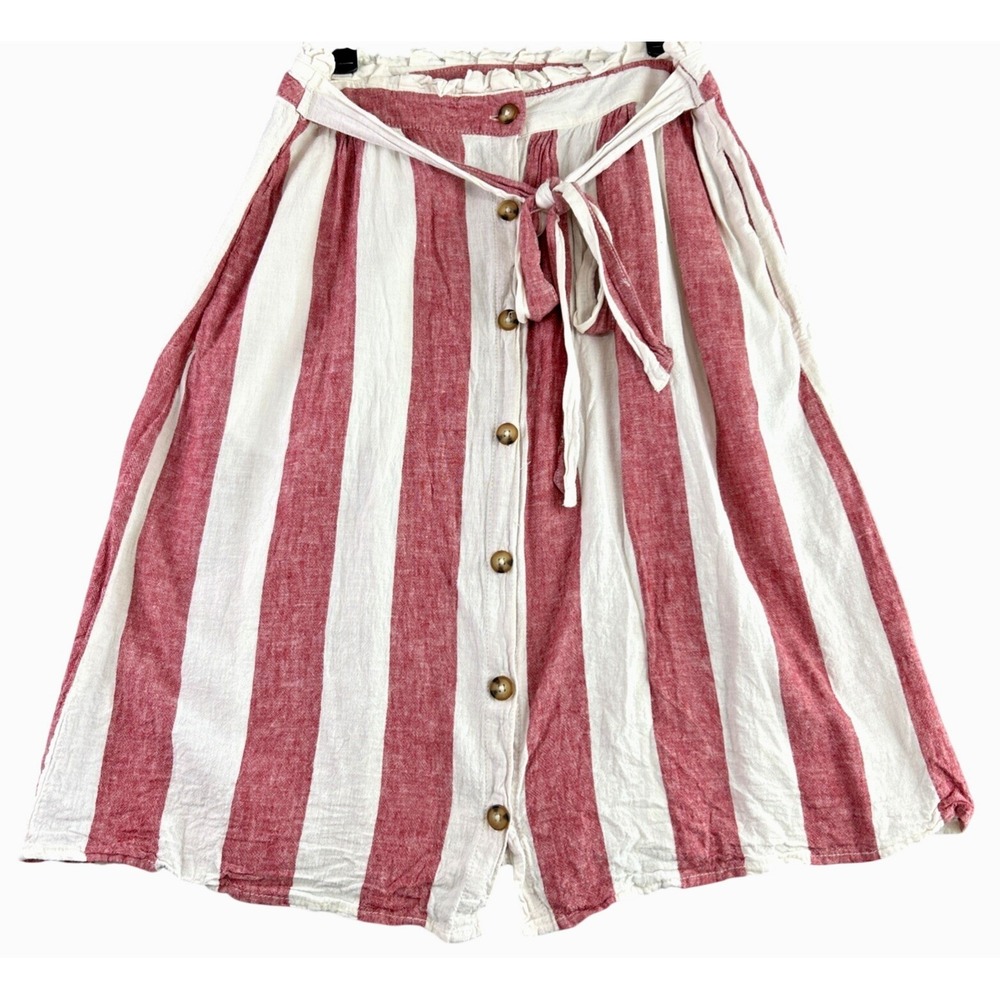 A.N.A 14 Red Beige Striped Midi Skirt Linen Rayon Belt Paper-bag Cottage Preppy
